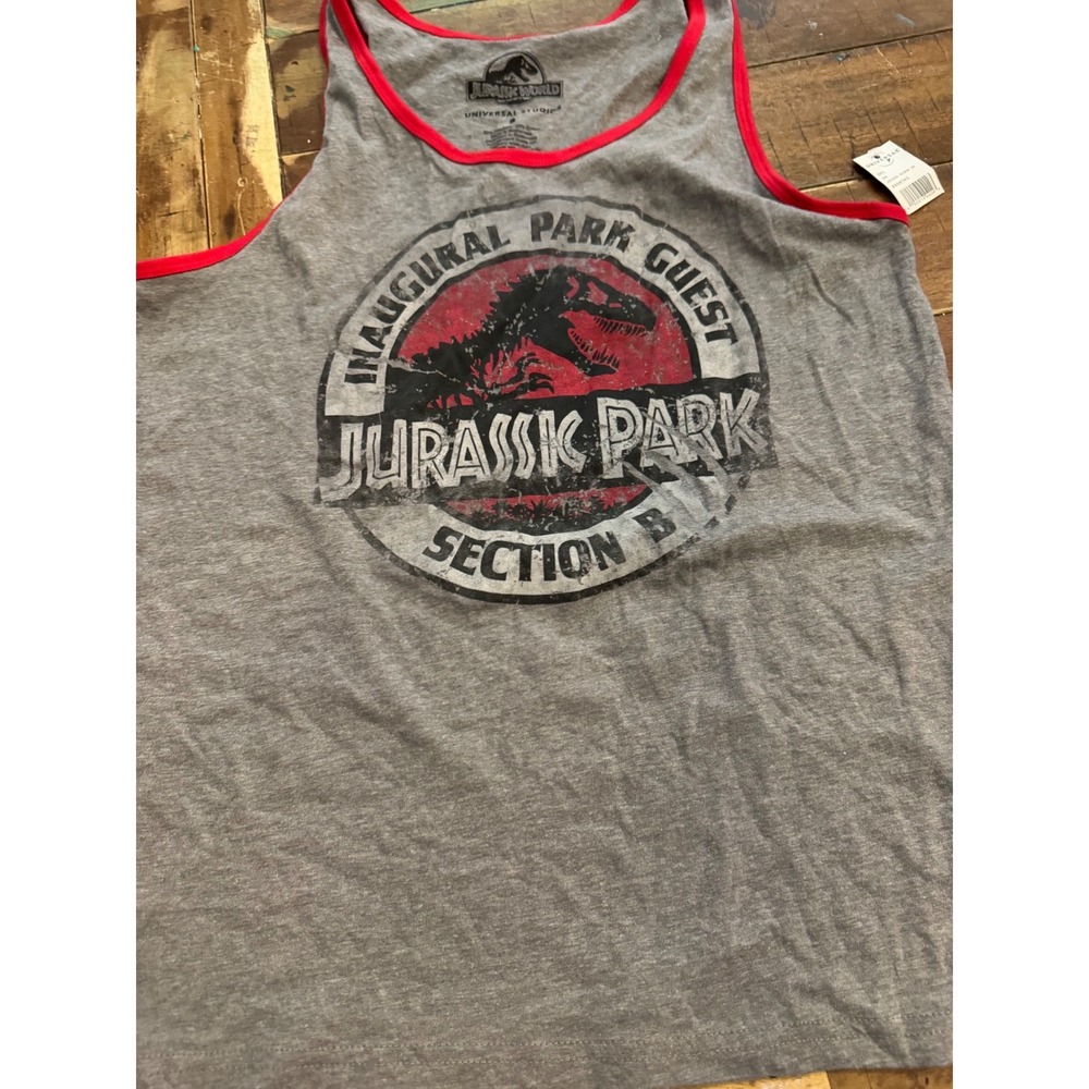 Universal Studios Jurassic Park Inaugural Guest Ringer Tank Top Gray Red Small